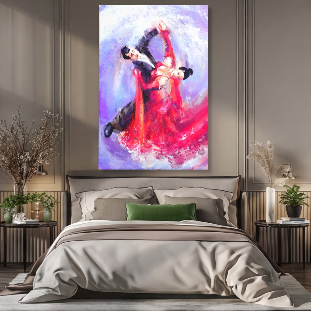 Tablou canvas cu tablou canvas cu o pereche dansand, fara rama, pe sasiu de lemn, pe perete intr-un dormitor